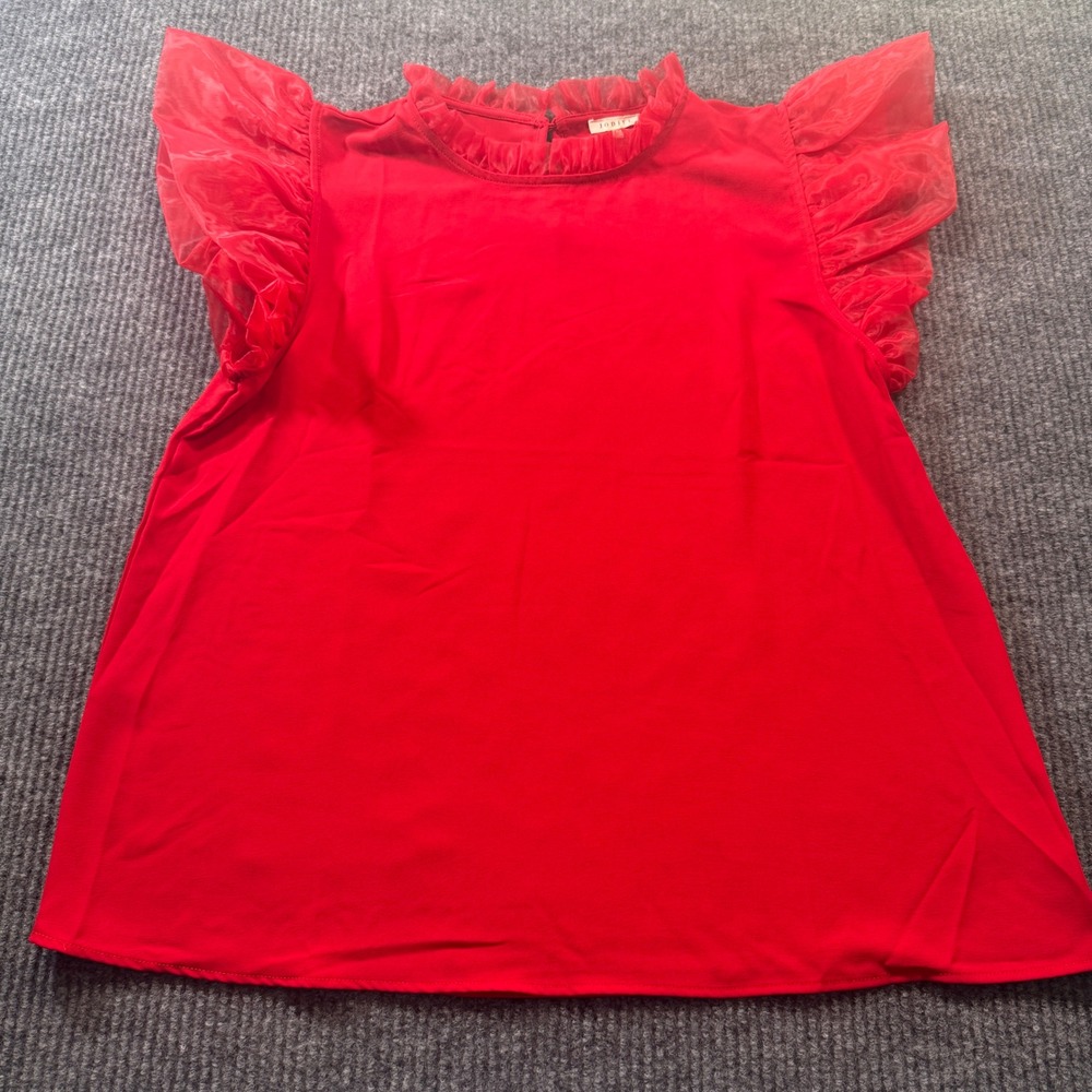 Jodifl Ruffle Sleeve Top Womens L Red Flutter Sheer Neck Mock Blouse Romantic